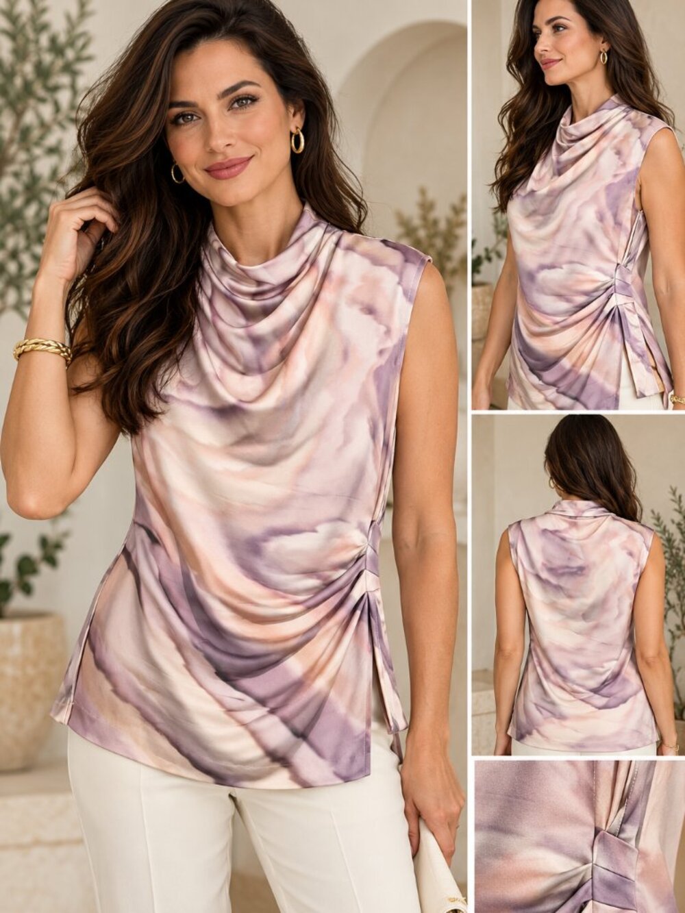 BOSS Hugo Boss M Abstract Blouse Draped Cowl Neck Art to Wear Quiet Luxury